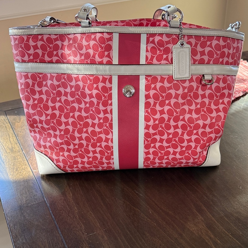 Coach Pink Signature Stripe Tote with White Trim